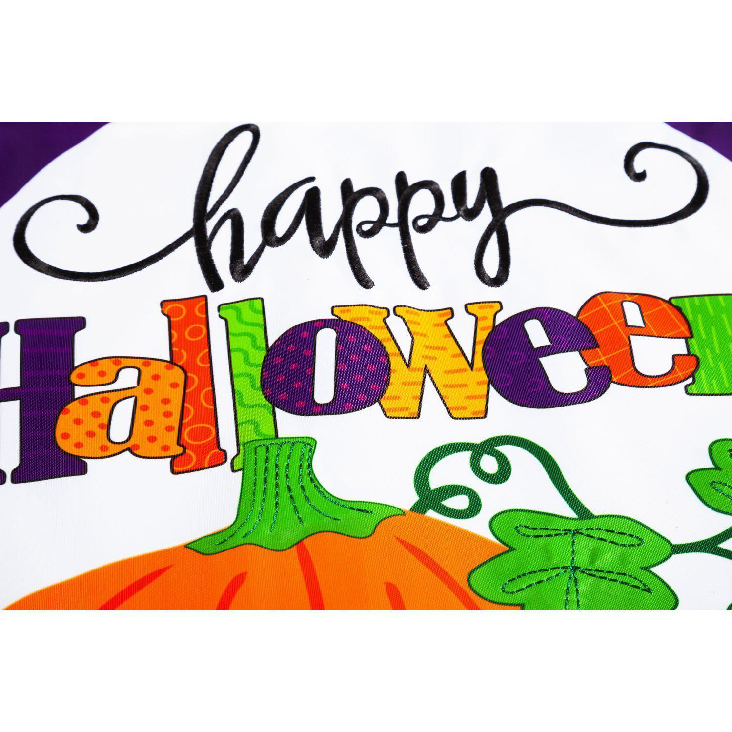 The Halloween Jack-O-Lanterns garden flag features two jolly jack-o-lanterns and the words "Happy Halloween".