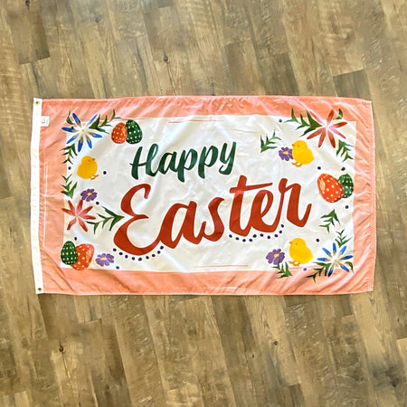 Happy Easter 3' x 5' flag features eggs and flowers with "Happy Easter" message on a pink background.