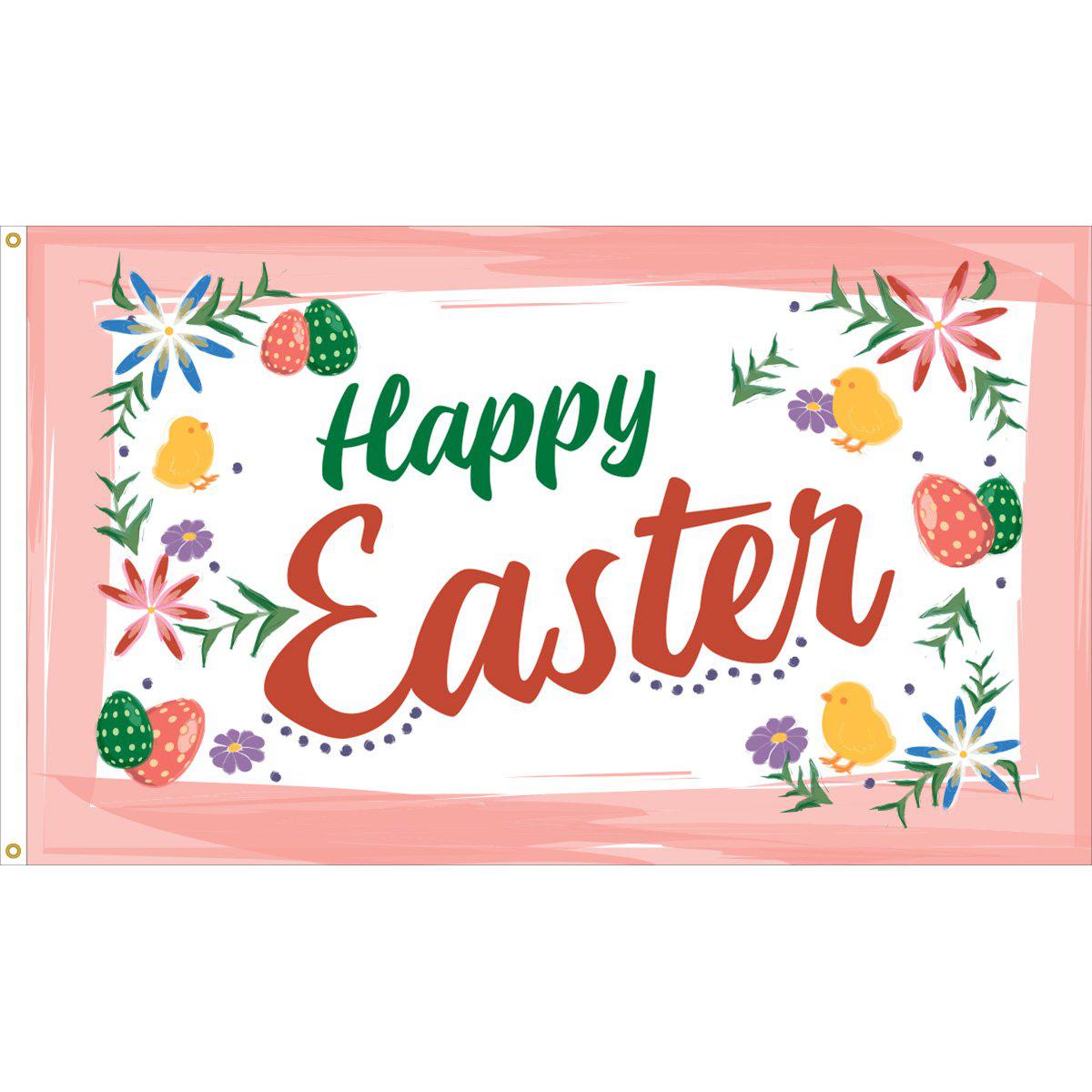 Happy Easter 3' x 5' flag features eggs and flowers with "Happy Easter" message on a pink background.