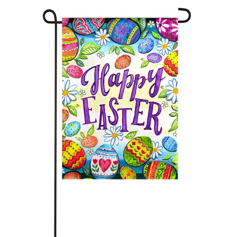 Enjoy the brightly decorated eggs on the Happy Easter garden flag. Message "Happy Easter" reads correctly from both sides.
