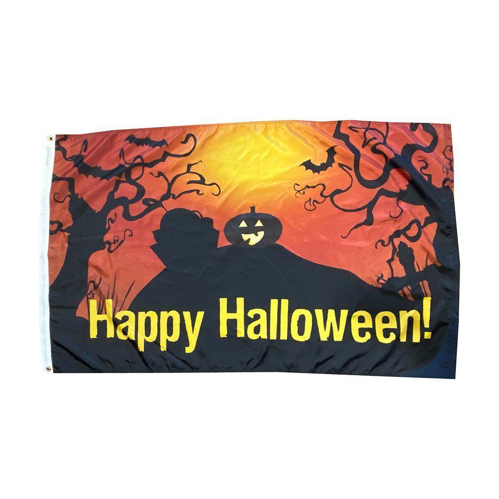 Happy Halloween jack-O-Lantern 3' x 5' flag features a jack-o-lantern and spooky trees in orange and black and the words "Happy Halloween" in yellow.
