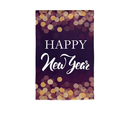 The Happy New Year garden flag features the words "Happy New Year" on a deep purple background with golden bubbles. 
