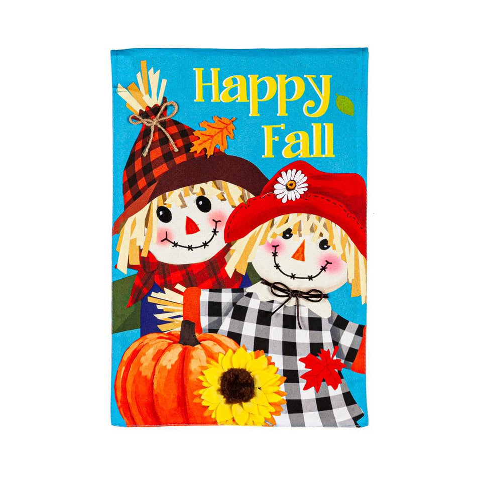 Our Happy Scarecrow Couple house banner features a pair of smiling scarecrows with a pumpkin and the words "Happy Fall". 