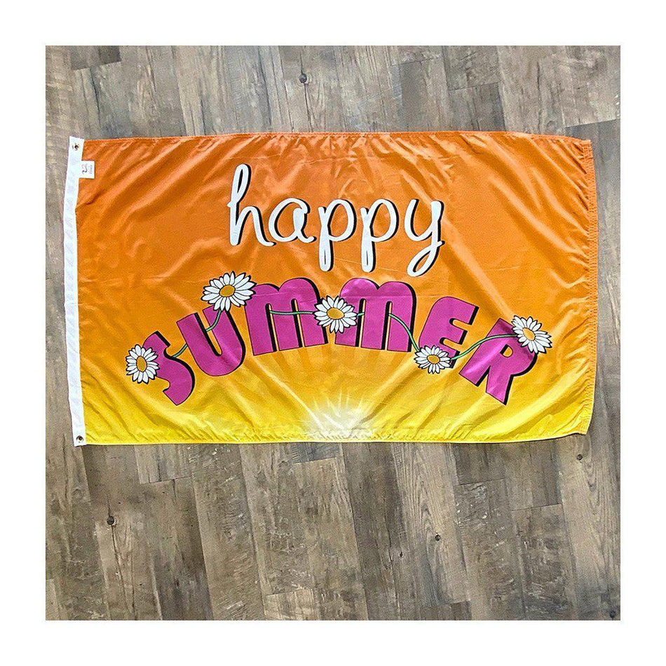 The Happy Summer 3' x 5' flag features rays of sunshine, flowers, and "Happy Summer" message.