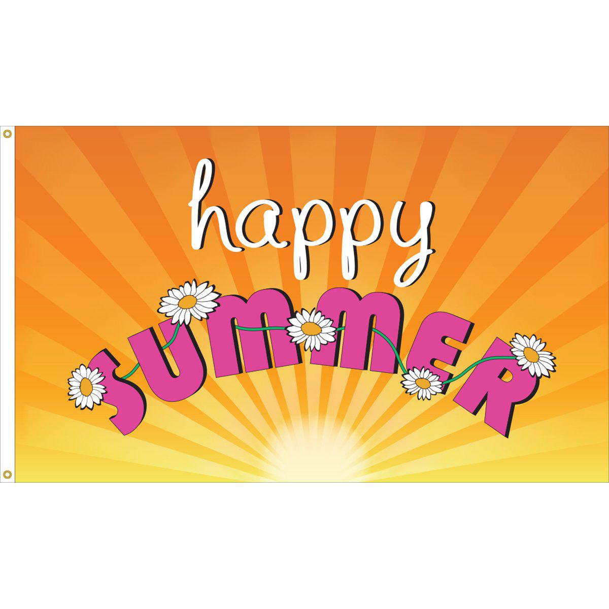 The Happy Summer 3' x 5' flag features rays of sunshine, flowers, and "Happy Summer" message.