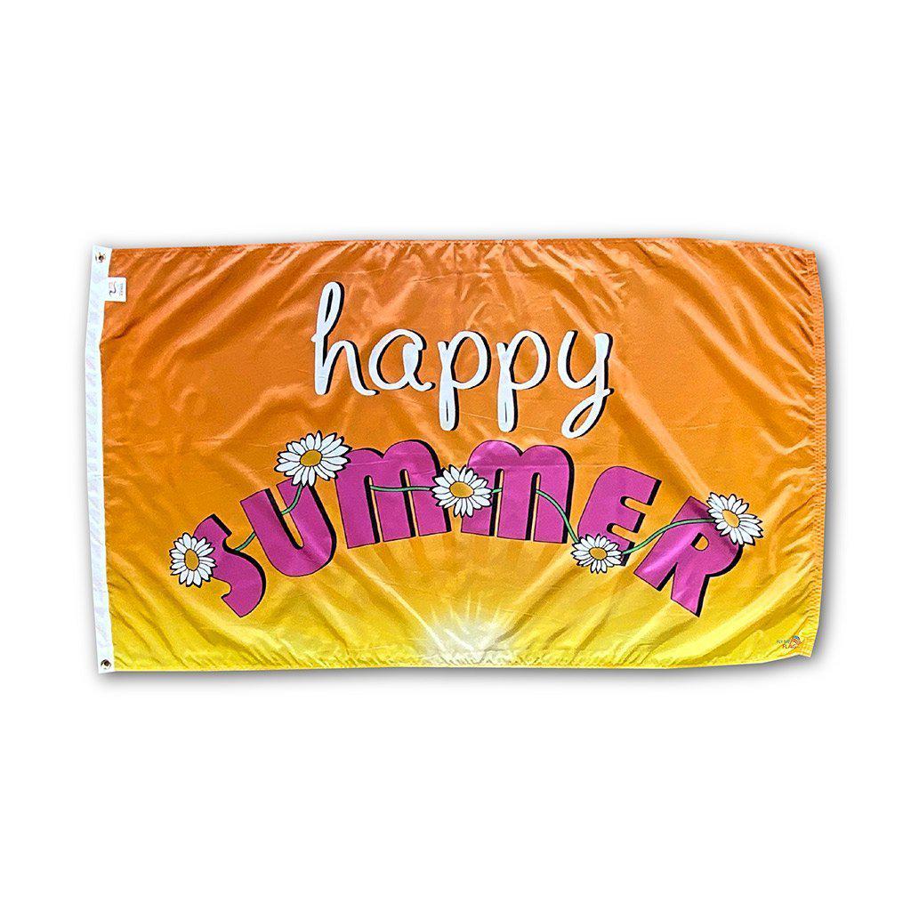 The Happy Summer 3' x 5' flag  features rays of sunshine, flowers, and "Happy Summer" message.