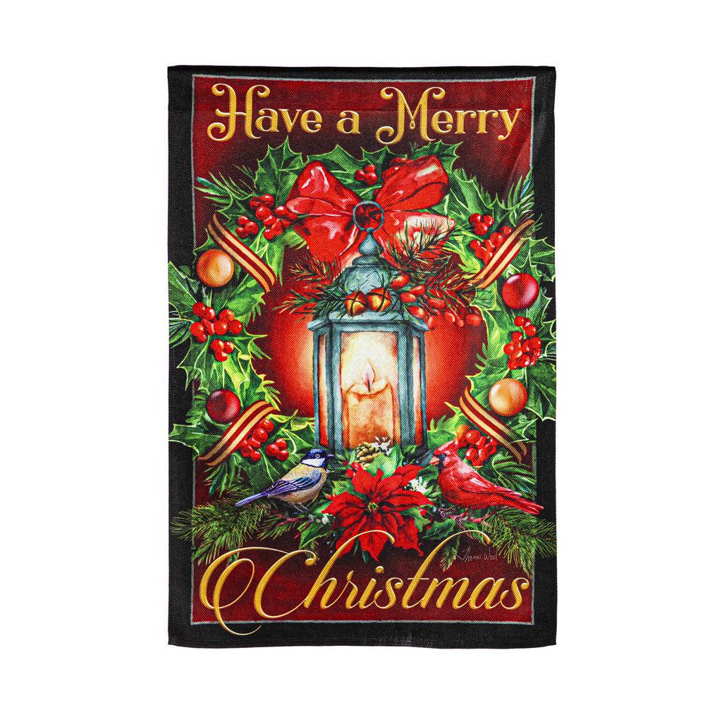 The Have a Merry Christmas Lantern house banner features a vintage lantern surrounded by a holiday wreath and the words "Have a Merry Christmas".