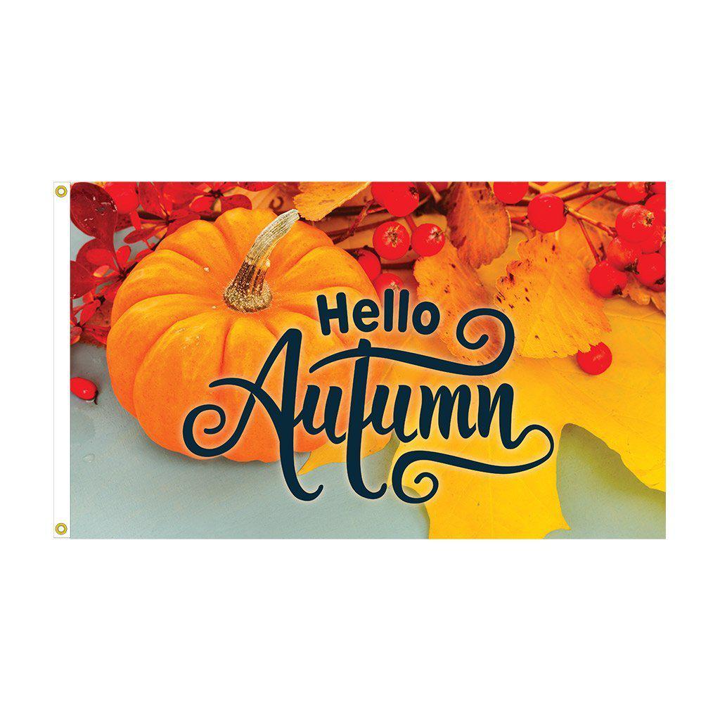 Hello Autumn 3x5 Flag with fall leaves and pumpkin