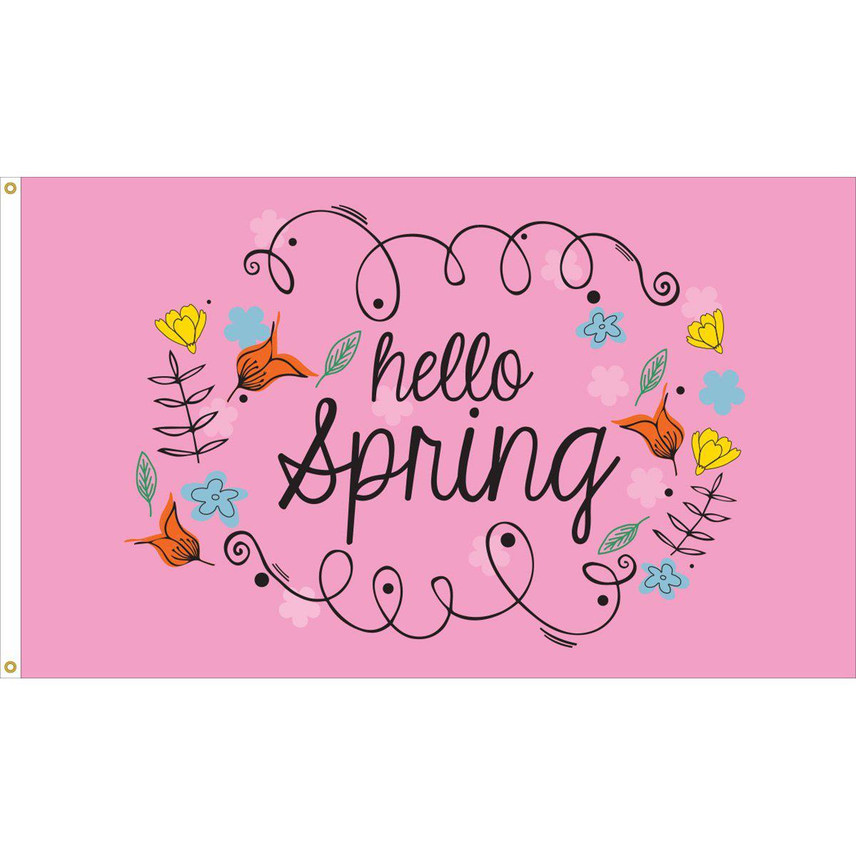 Our Hello Spring 3' x 5' Flag features whimsical flowers and "Hello Spring" message on a pink background. 