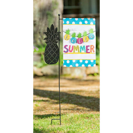 The Hello Summer Pineapple Banner garden flag features a string of brightly colored pineapples over a white background, a blue polka-dotted top and bottom border and the words "Hello Summer". 