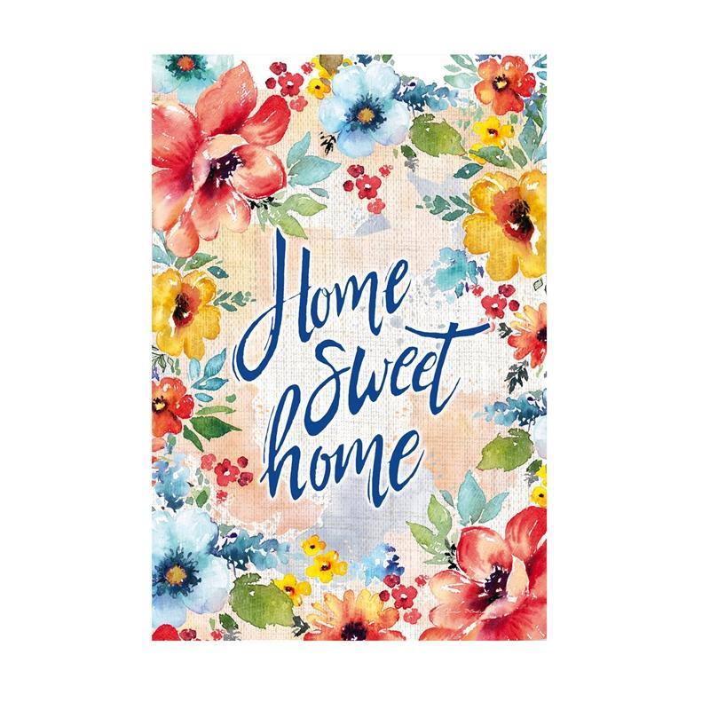 The Home Sweet Home Floral house banner features the words "Home Sweet Home" in blue surrounded by brightly colored flowers. 
