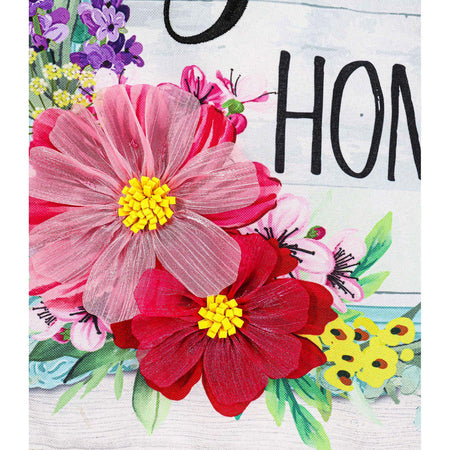 The Home Sweet Home Frame house banner features the words "Home Sweet Home" in a light blue frame with bright spring flowers in the bottom corner. 