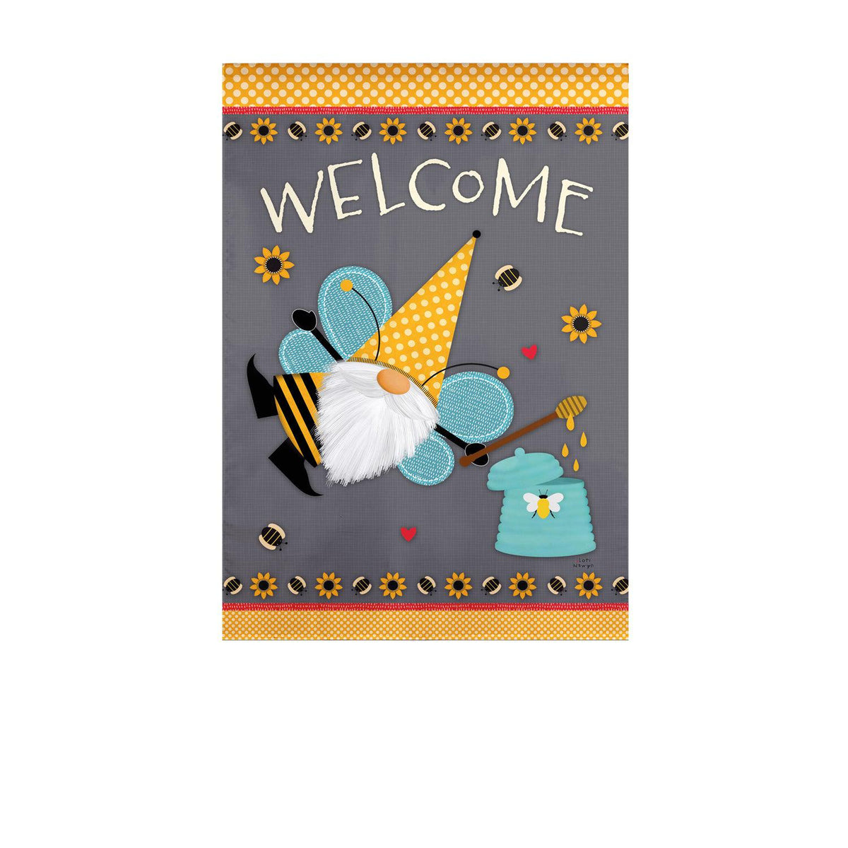 The Honey Gnome garden flag features a gnome in bee costume with a honey dipper dripping into a pot and the word "Welcome".
