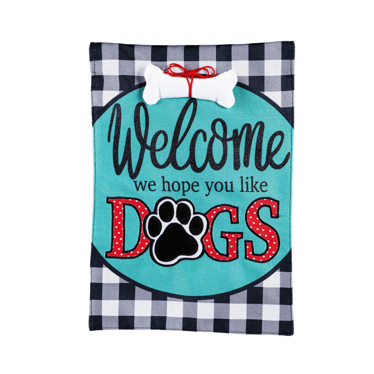 The Hope You Like Dogs garden flag features a checked background, dog bone, paw print, and the words "Welcome. Hope You Like Dogs". 