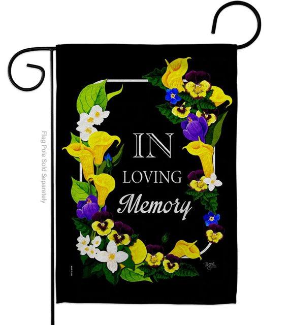 The In Loving Memory garden flag features the yellow, purple, and white flowers around the words "In Loving Memory".