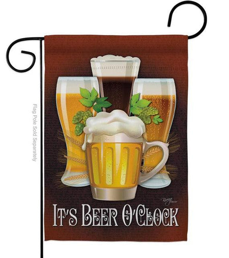 The Beverages garden flag features four different glasses of beer along with the words "It's Beer O'Clock".