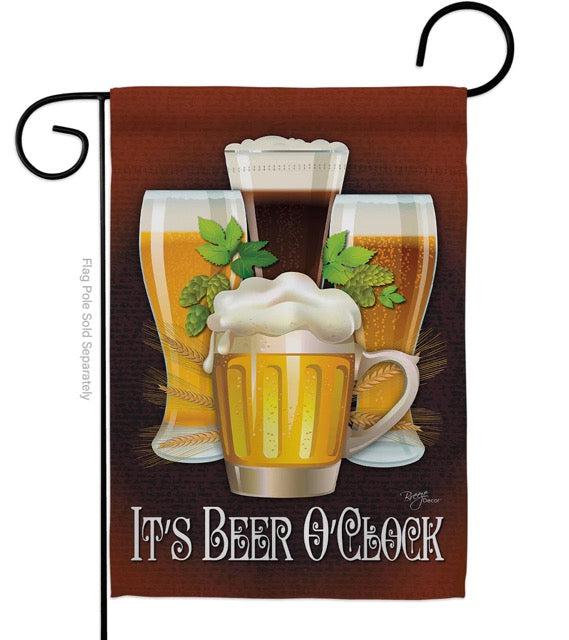 The Beverages garden flag features four different glasses of beer along with the words "It's Beer O'Clock".