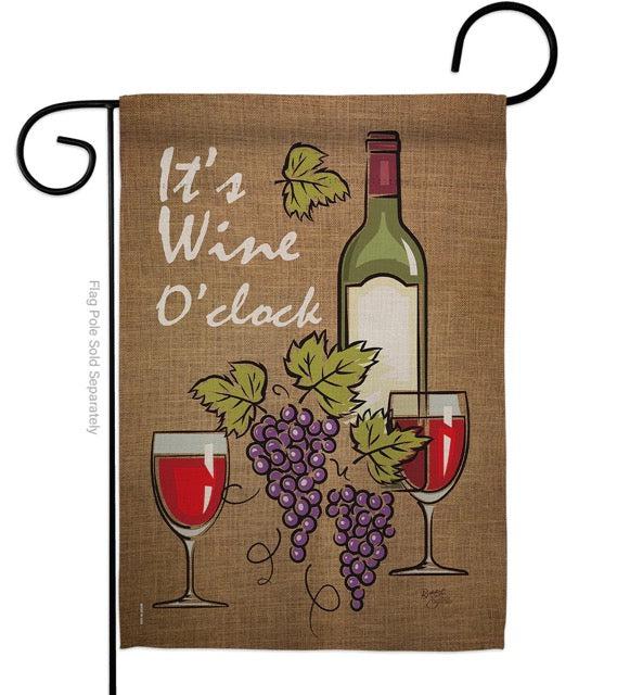 The It's Wine O'Clock garden flag features a bottle of wine, glasses of wine, grapes, and the words "It's Wine O'Clock". 