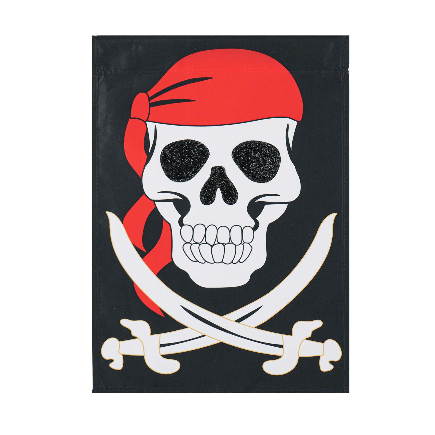 The Jolly Roger garden flag features a red-scarfed skull with crossbones that resemble swords.  