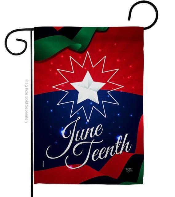The Juneteenth garden flag features a blue, red, green, and black background with a white star and white burst as well as the word "Juneteenth". 