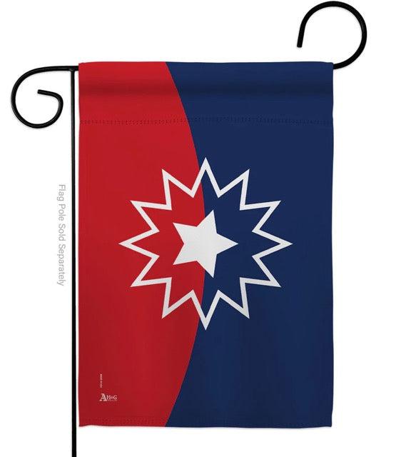 The Juneteenth Symbol garden flag features the traditional white star and burst with a red and blue curved background. 