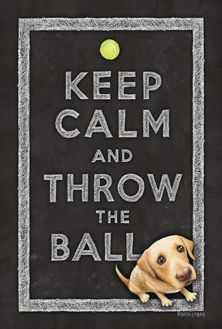 The Keep Calm and Throw the Ball garden flag features a dog patiently waiting for the ball shown at the top of the banner.