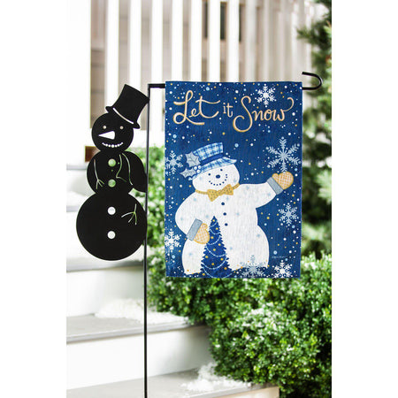 The Let it Snow garden flag features a snowman enjoying the falling snow and the words "Let it Snow". 