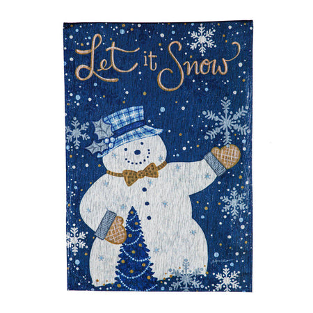 The Let it Snow garden flag features a snowman enjoying the falling snow and the words "Let it Snow". 