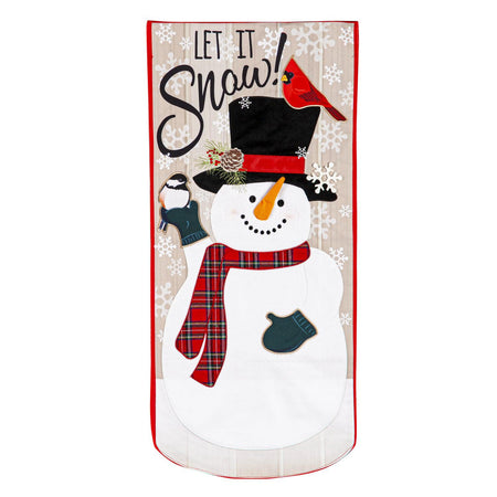 Celebrate the season with our Let it Snow! Textile Decor from the Everlasting Impressions collection. This extra-long garden flag features a snowman and songbirds with embroidered details and metallic lettering. 