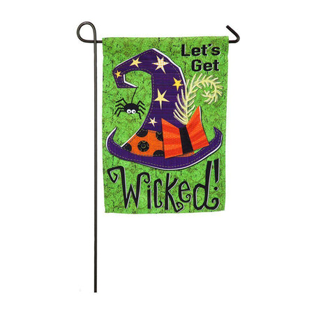 Let's Get Wicked Garden Flag, witch hat, spider