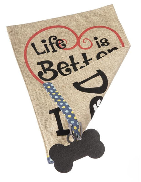 Life is Better With a Dog garden flag features heart, paw print, and dangling dog bone.