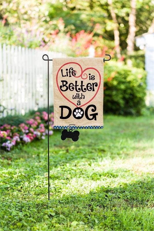 Life is Better With a Dog garden flag features heart, paw print, and dangling dog bone.