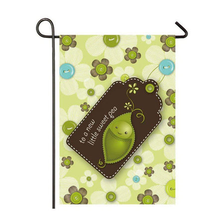 Welcome the newest addition to the family with the Little Sweet Pea garden flag! 