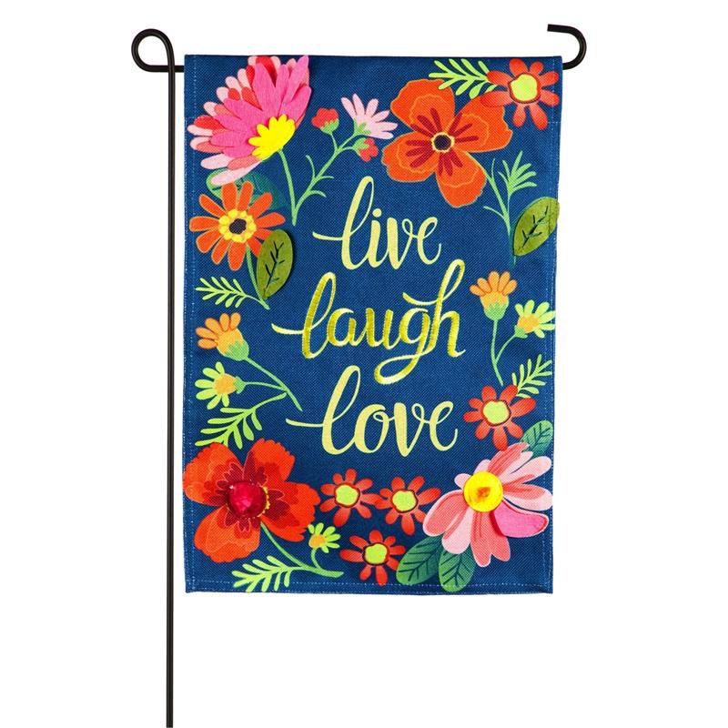 The Live Laugh Love Floral garden flag features brightly colored, beautiful flowers on a blue background. 