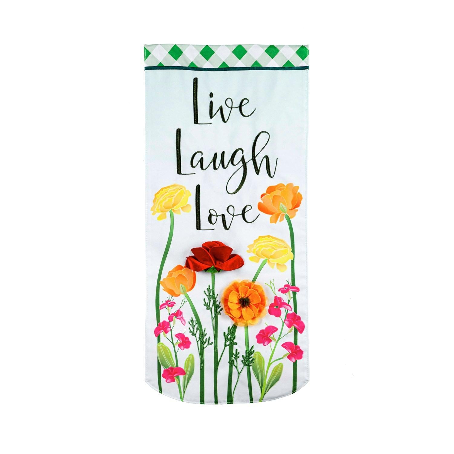 The Live Laugh Love Floral Textile Décor from the Everlasting Impressions collection features wildflowers, a lattice-look top border, and the words "Live Laugh Love".