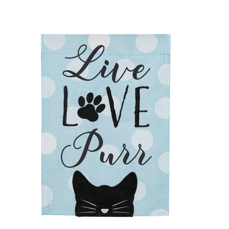 The Live Love Purr garden flag features a black cat against a pale polka-dotted blue background and the words "Live Love Purr". 