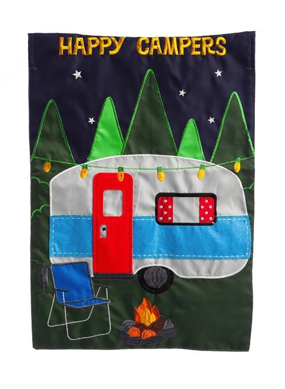 The Livin The Life garden flag features a camper, bonfire, and chairs in the woods along with the words "Happy Campers" across the top of the flag. 