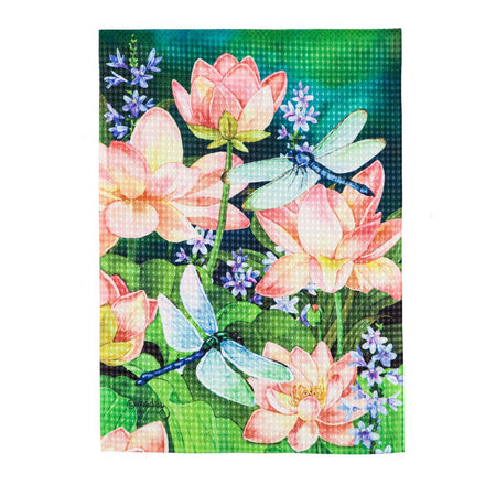 The Lotus Lake garden flag features blue dragonflies among pink and yellow lotus flowers. 