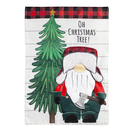 The Lumberjack Gnome garden flag features a pine tree with a lumberjack-dressed gnome holding an ax and the words "Oh Christmas Tree".