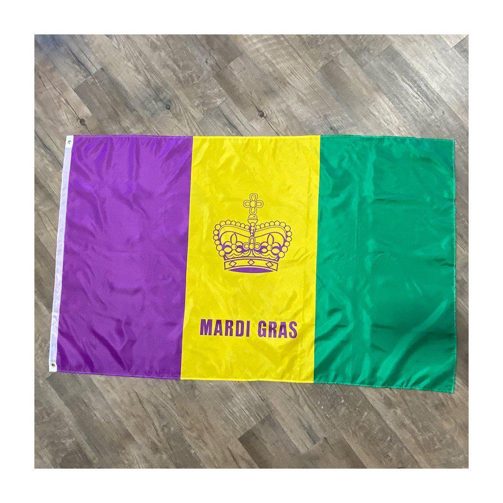 The 3' x 5' Mardi Gras flag is equal-sized vertical stripes of purple, gold, and green with the words Mardi Gras underneath a purple crown in the gold section.