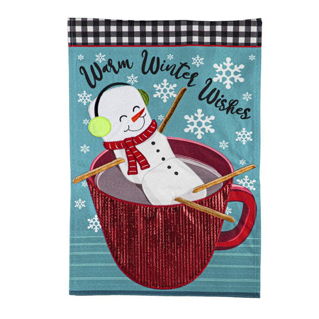 The Marshmallow Snowman garden flag features a snowman relaxing in a cup of cocoa along with the words "Warm Winter Wishes". 
