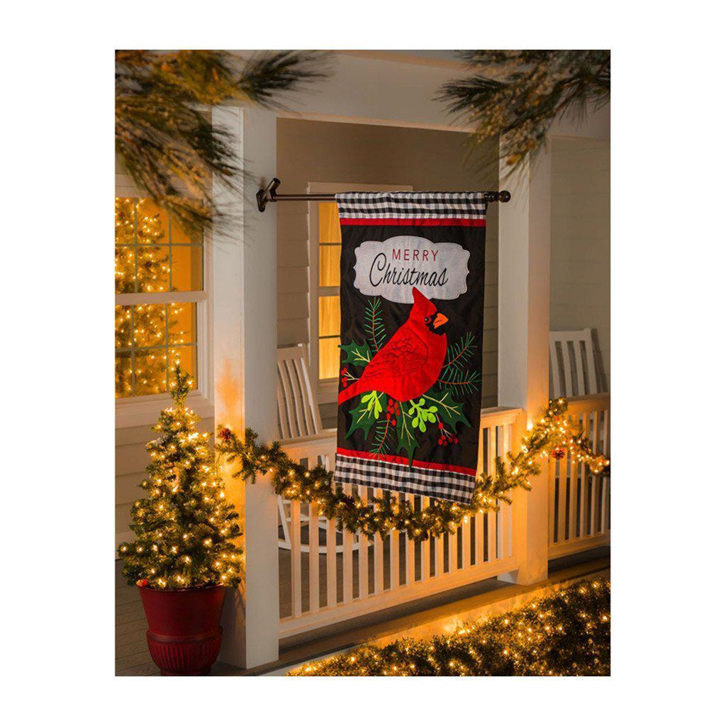 Merry Christmas Cardinal House Banner with appliqué details and plaid design