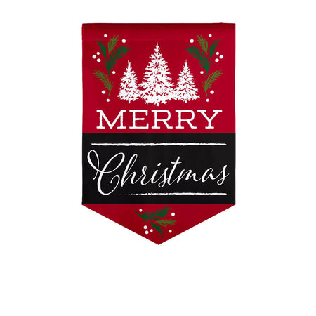The Merry Christmas garden flag features white pine trees and green boughs along with the words "Merry Christmas". 