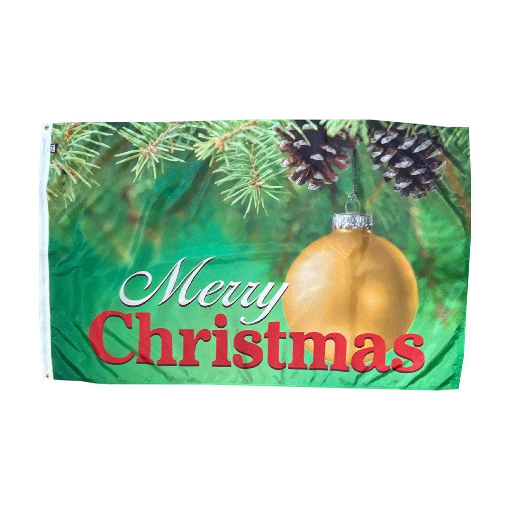 The Merry Christmas ornament Green features pine branches, gold ornament, and "Merry Christmas" message.