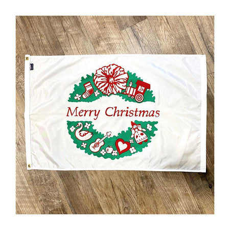 The Merry Christmas Wreath 2' x 3' Flag features a decorated wreath and a "Merry Christmas" message. 