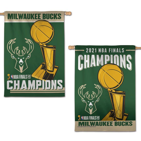 Celebrate the win with the Milwaukee Bucks 2021 NBA Champions house banner! This two-sided vertical banner features championship graphics and team logo on a green background. 
