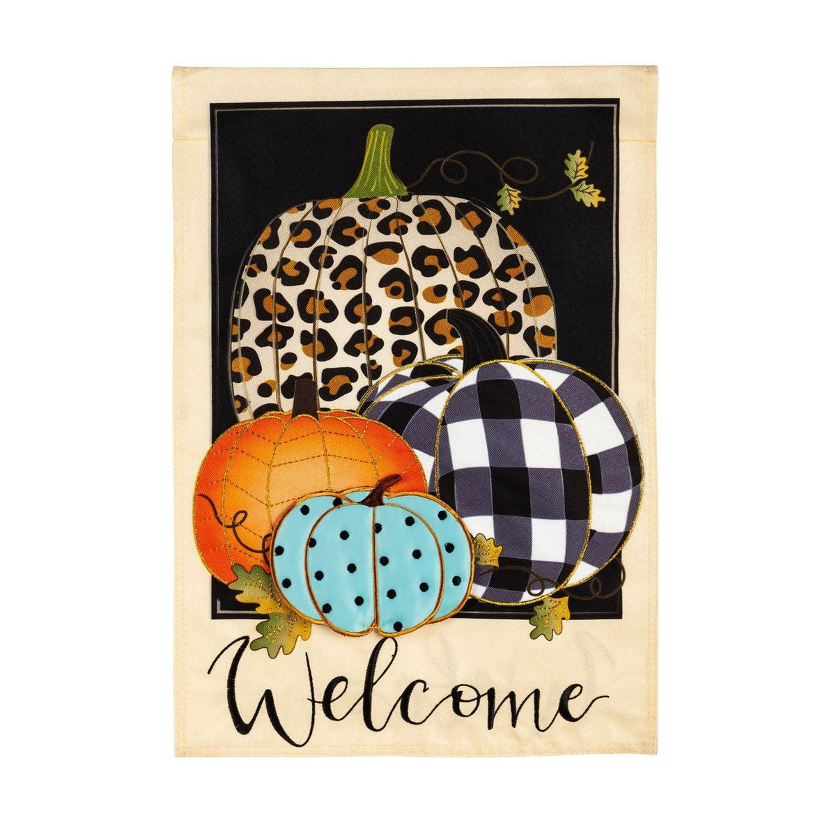 The Mixed Print Pumpkins garden flag features pumpkins in a variety of colors and patterns as well as the word "Welcome".