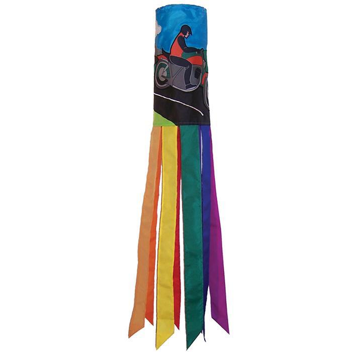The Motorcycle Man windsock features a man riding a motorcycle on the road with 8 multi-colored coordinating tails with sewn edges.