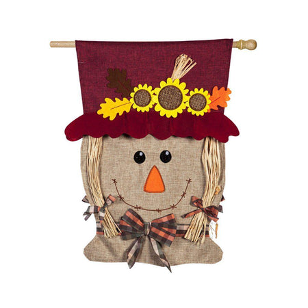Mrs. Scarecrow house banner with straw hair, checkered bow and felt hat.