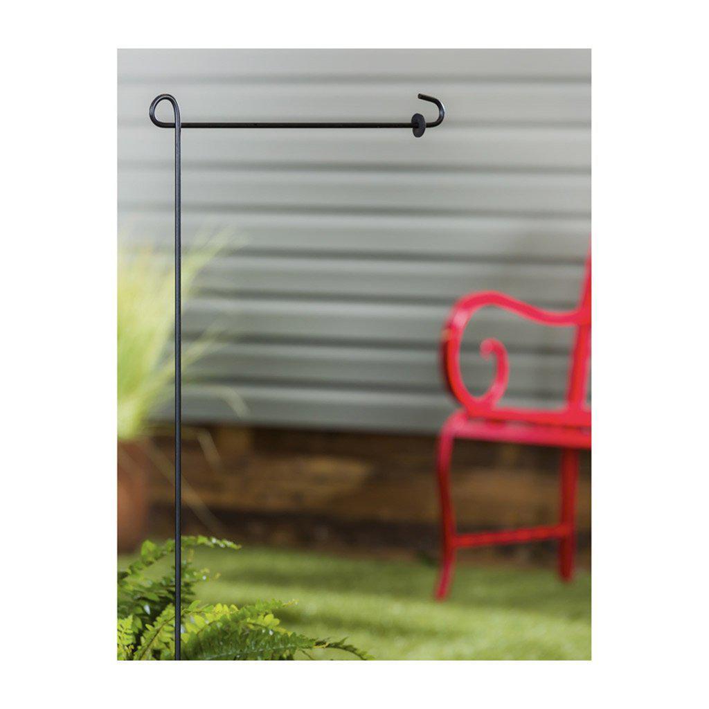 One piece, black garden flag stand with rubber washer to secure flag.